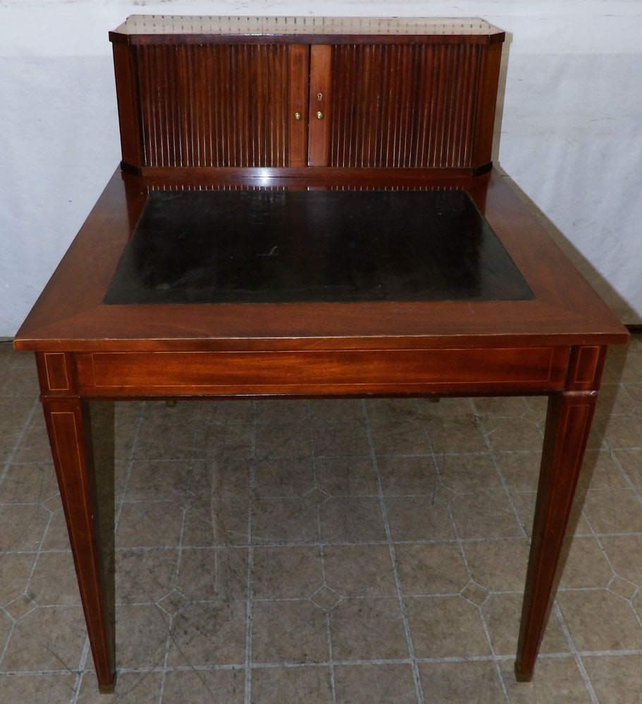19th century mahogany inlaid leather top cartonnier desk: 19th century mahogany inlaid leather top cartonnier desk. 33" W 39 1/2" D 41 1/4" H