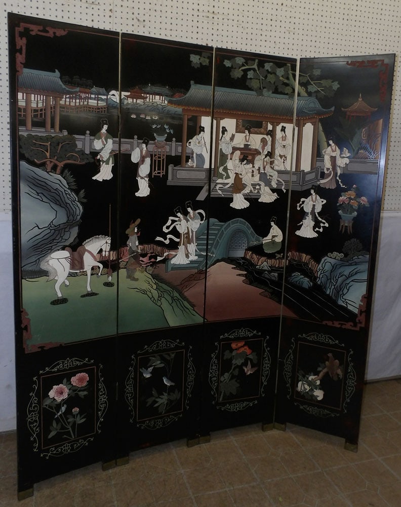 4 panel painted and black lacquer oriental screen (1 of 11)