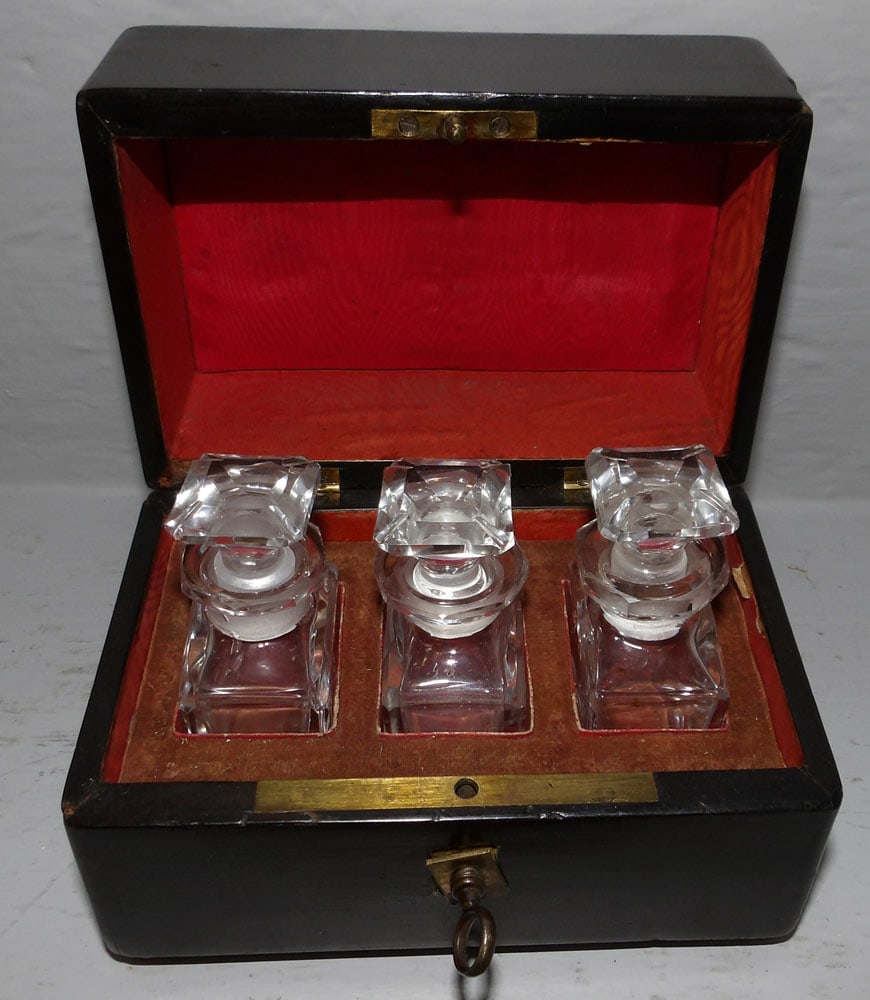 inlaid & ebonized perfume chest box with three glass bottles (1 of 3)