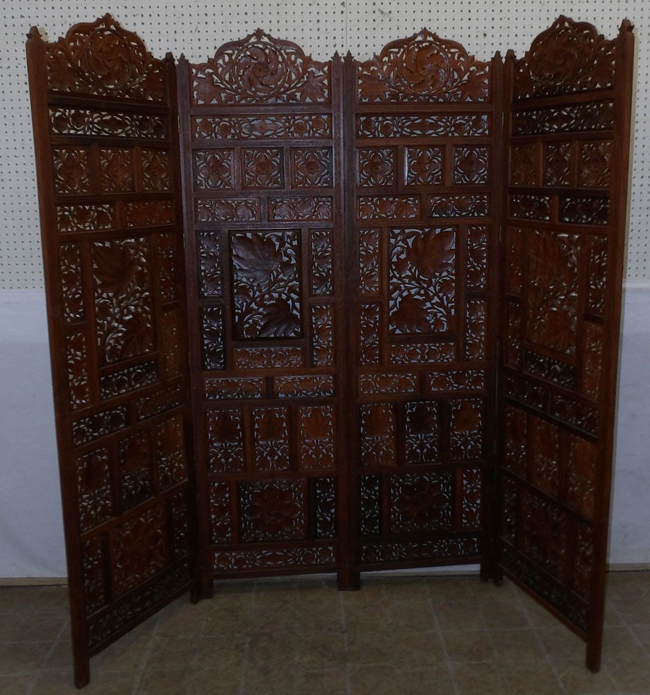 oriental carved teakwood four panel room divider (1 of 4)