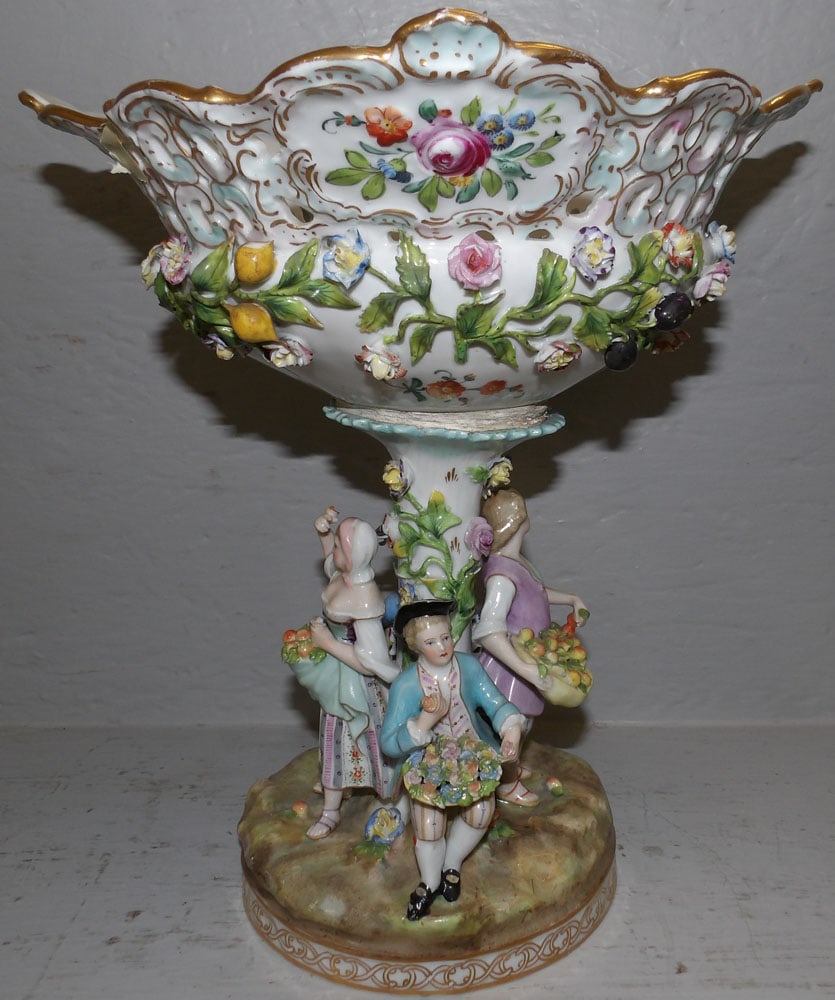 painted porcelain open work figural compote: painted porcelain open work figural compote . 10 3/4" W 12 1/4" H