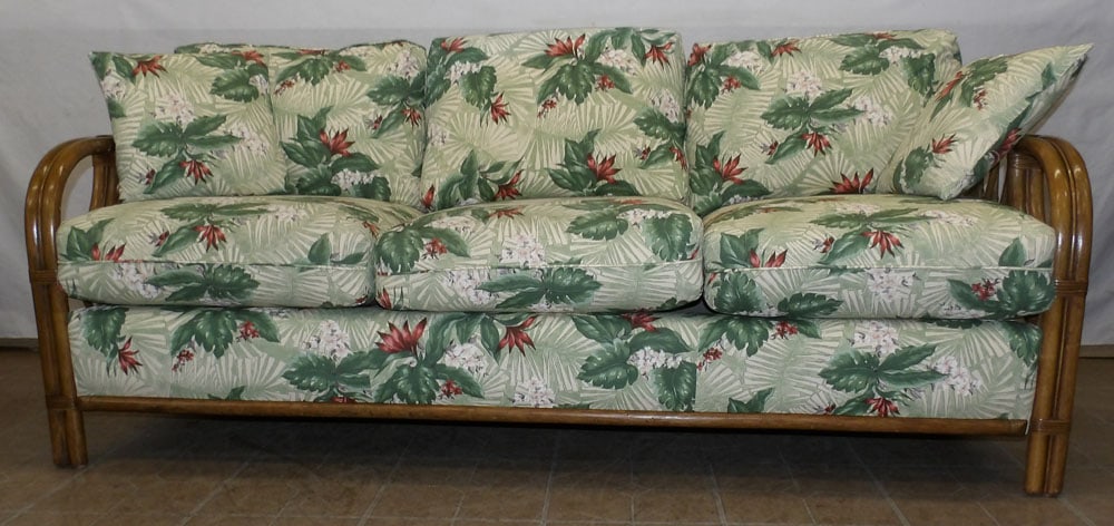 rattan upholstered sofa by Tradewinds: rattan upholstered sofa by Tradewinds. 75 1/2" L 36" D 31 1/2" H