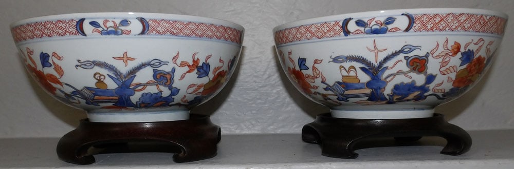 pair painted oriental porcelain bowls on wood stands (1 of 4)