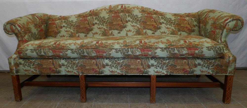 Mahogany Chinese Chippendale Camel Back Sofa with Oriental Motif Upholstery (1 of 8)