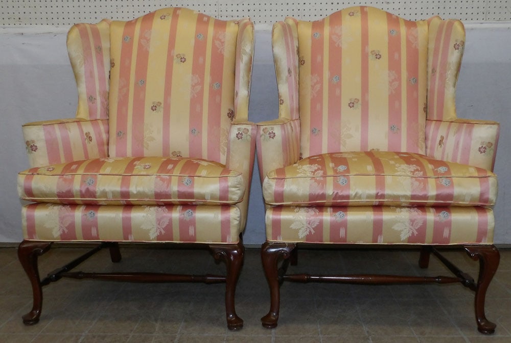 Pair of Mahogany Queen Anne & Silk Upholstered Wing Back Chairs (1 of 6)