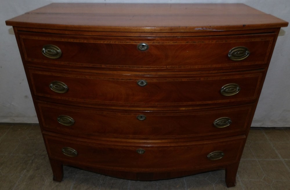 19th Century American Cherry & Inlaid Mahogany Bow Front Four Drawer Chest (1 of 5)