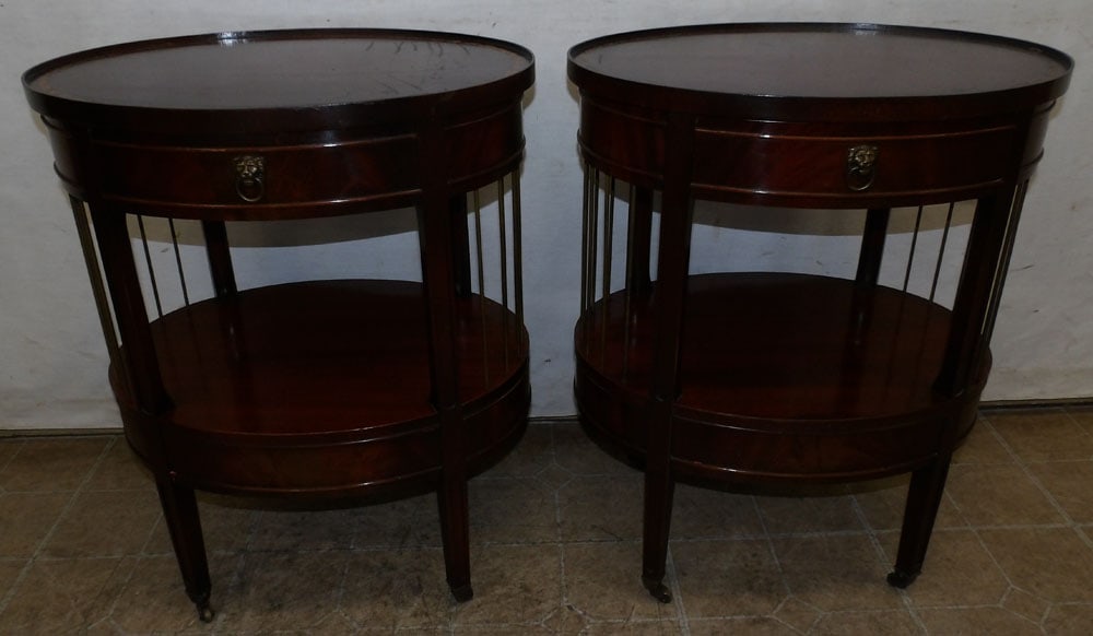 Pair of Mahogany Tooled Leather Top Two Tier Stands with One Drawer (1 of 7)
