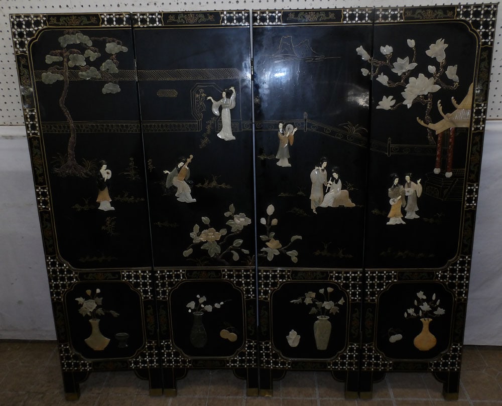 Painted Black Lacquered & Carved Stone Mount Four Panel Room Divider (1 of 5)