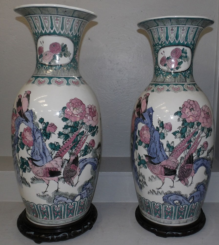 Pair of Large Oriental Paint Decorated Vases on Teak Wood Stands with Bird & Heron Motif (1 of 7)
