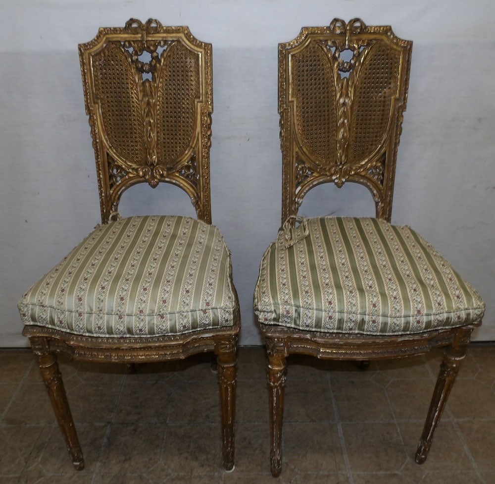 Pair of Antique Gilded Carved Wood French Side Chairs with Cane Seat & Back (1 of 4)