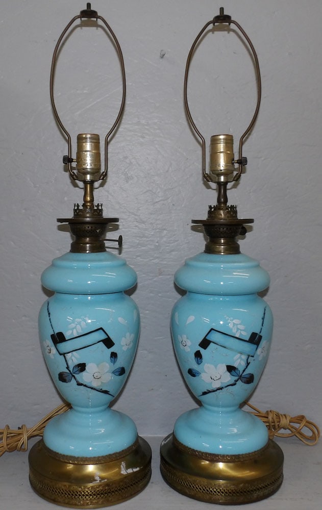 Pair of Painted Enamel Blue Opaline Lamps (1 of 4)