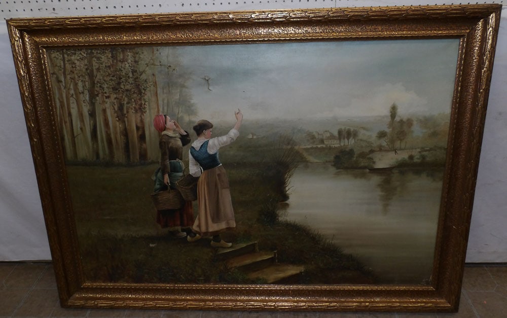 Large Antique Framed Oil on Canvas Lake Scene, (Small Tear) (1 of 9)
