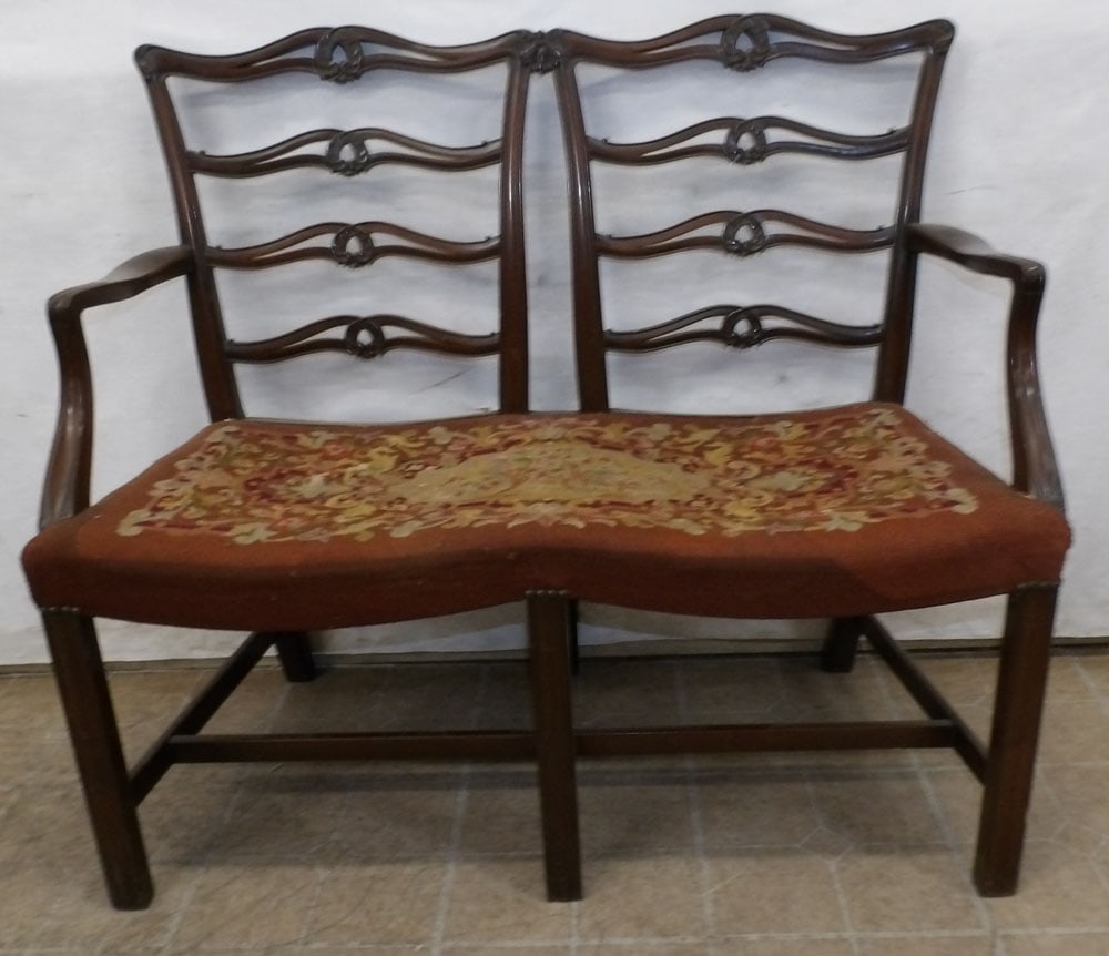 Antique Mahogany Bench with Needlepoint Seat (1 of 5)
