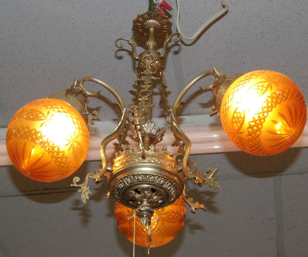 Antique Three Light Bronze Gryphon Chandelier with Amber Cut to Clear Shades (1 of 3)