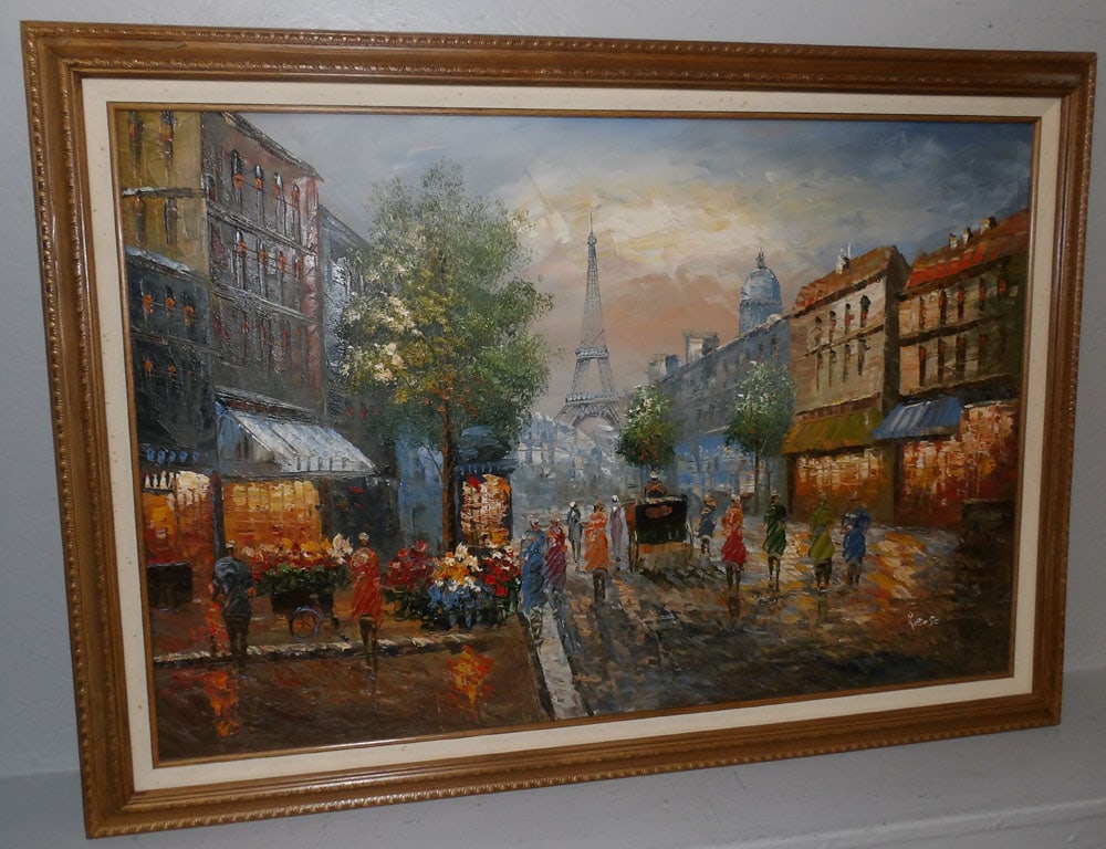 Framed Oil on Canvas - French Street Scene, signed by Artist (1 of 4)