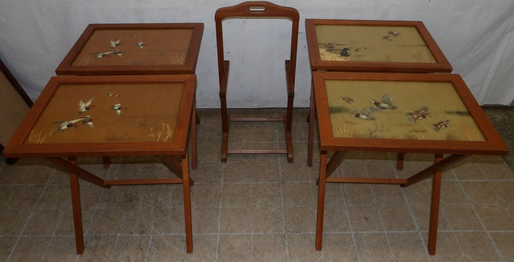 Set of Teak Wood & Hunt Scene Painted Top TV Tables (1 of 7)