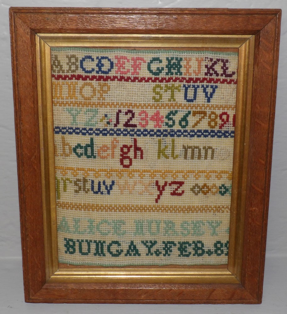 Antique Oak Framed Needlework Sampler (1 of 3)