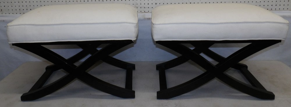 Pair of Modern Black Lacquered Upholstered Ottomans (1 of 4)