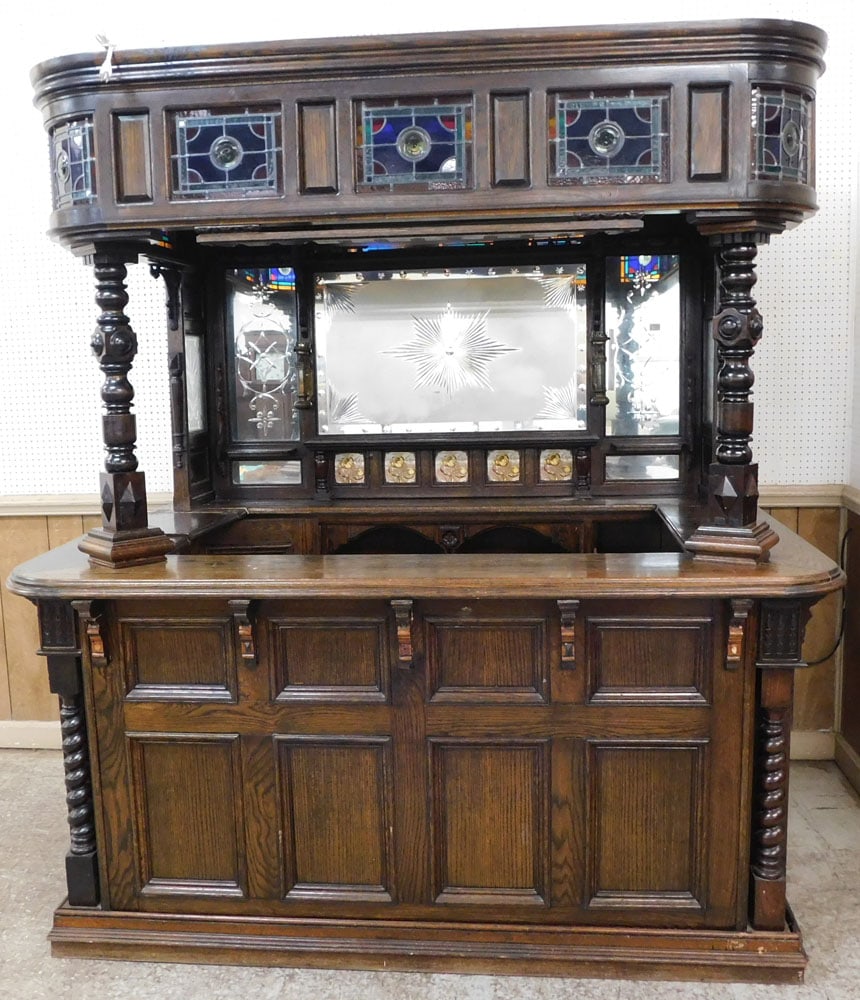 Antique Ornate Oak Counter Top Bar with Leaded Glass Panels (1 of 17)