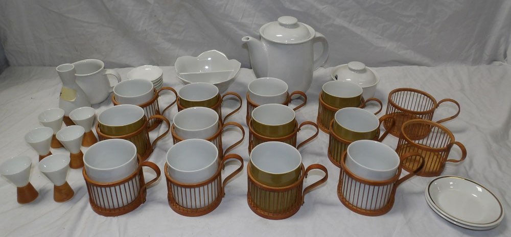 lot of porcelain and rattan tea set: lot of porcelain and rattan tea set. ALL DESCRIPTIONS AND ANY CONDITION STATEMENT GIVEN BY LANGSTON AUCTION GALLERY ARE STRICTLY OPINIONS AND LANGSTON'S SHALL HAVE NO RESPONSIBILITY FOR ERRORS OR OMIS