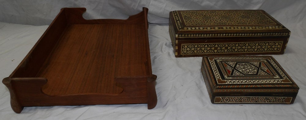 teakwood tray and 2 bone inlay boxes: teakwood tray and 2 bone inlay boxes. ALL DESCRIPTIONS AND ANY CONDITION STATEMENT GIVEN BY LANGSTON AUCTION GALLERY ARE STRICTLY OPINIONS AND LANGSTON'S SHALL HAVE NO RESPONSIBILITY FOR ERRORS OR OMI