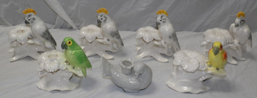 lot of bird farm cover pots and candlesticks: lot of bird farm cover pots and candlesticks . ALL DESCRIPTIONS AND ANY CONDITION STATEMENT GIVEN BY LANGSTON AUCTION GALLERY ARE STRICTLY OPINIONS AND LANGSTON'S SHALL HAVE NO RESPONSIBILITY FOR ERRO