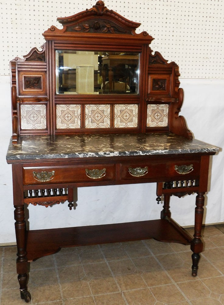 antique Victorian walnut English wash stand with marble top and tile and mirror backsplash (1 of 10)