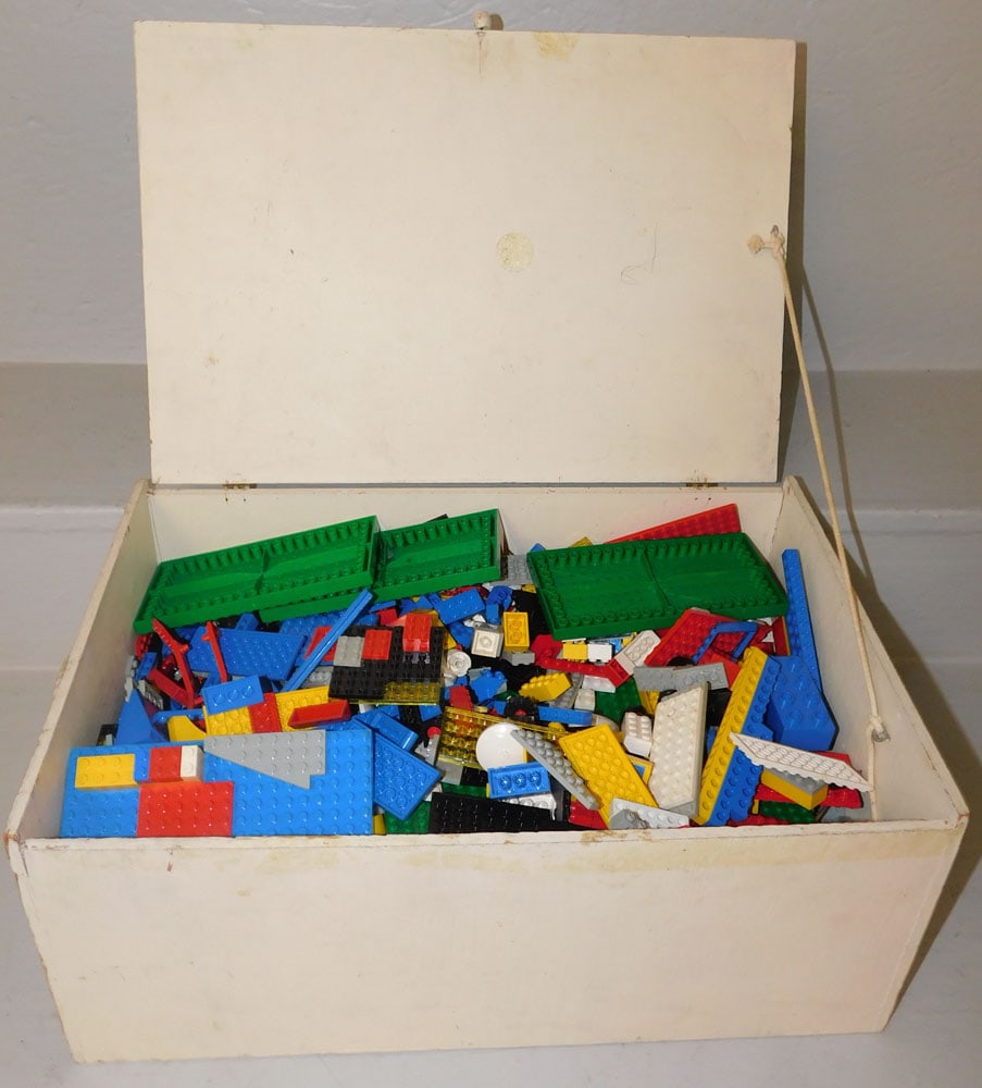 wooden box of miscellaneous Lego pieces (1 of 3)