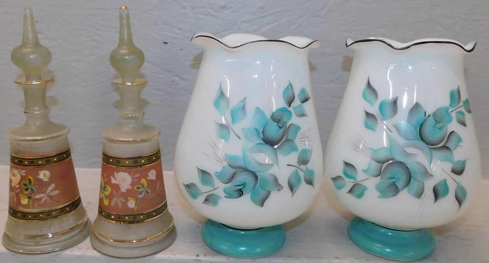 pair of painted glass vases and painted glass bottles (1 of 2)
