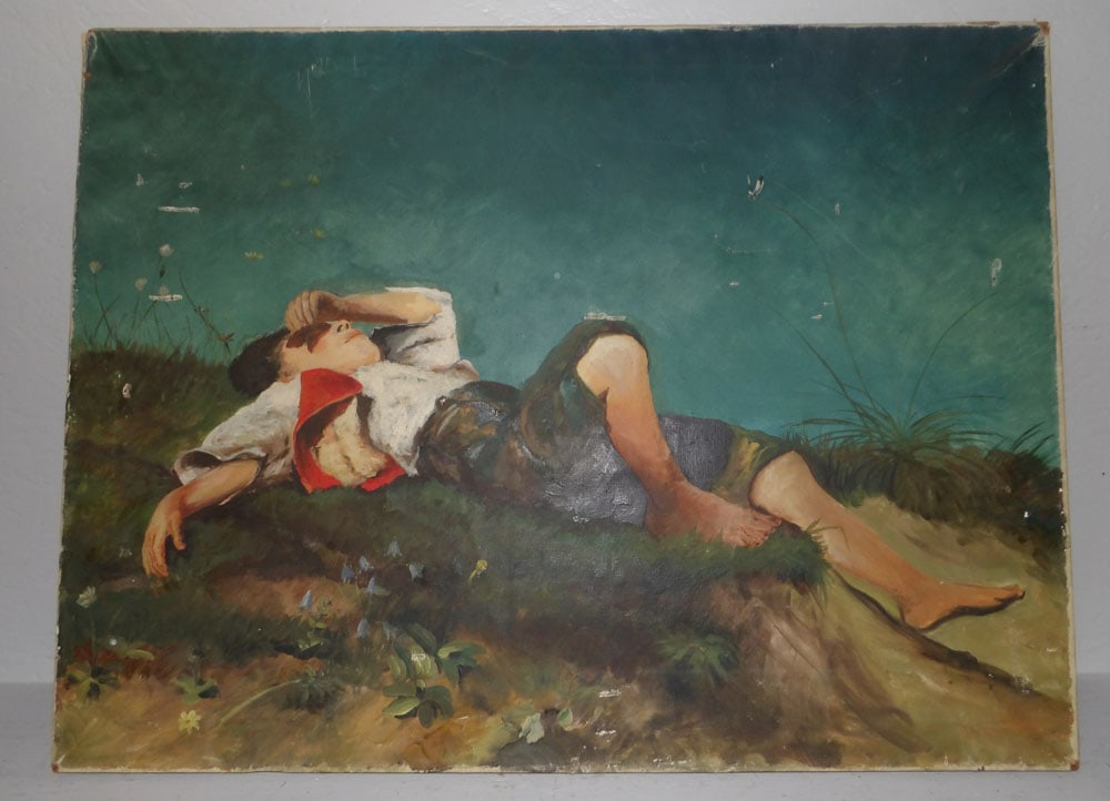 oil on canvas little boy laying on grass: oil on canvas little boy laying on grass. 31 3/4" x 24" ALL DESCRIPTIONS AND ANY CONDITION STATEMENT GIVEN BY LANGSTON AUCTION GALLERY ARE STRICTLY OPINIONS AND LANGSTON'S SHALL HAVE NO RESPONSIBILITY