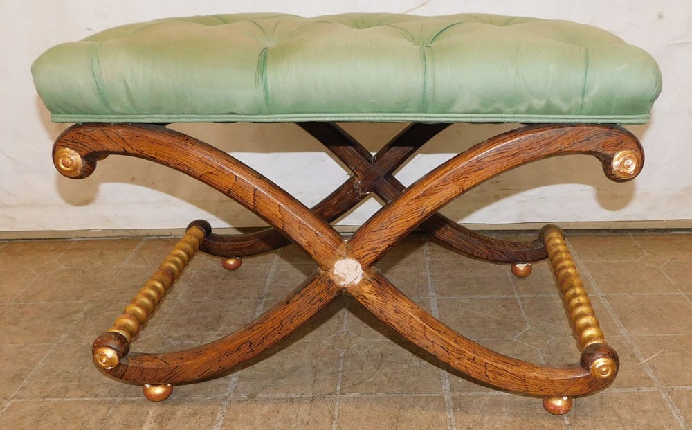 antique painted upholstery top cross bench: antique painted upholstery top cross bench. 28" W 19 1/2" D 18 1/2" H ALL DESCRIPTIONS AND ANY CONDITION STATEMENT GIVEN BY LANGSTON AUCTION GALLERY ARE STRICTLY OPINIONS AND LANGSTON'S SHALL HAVE NO 