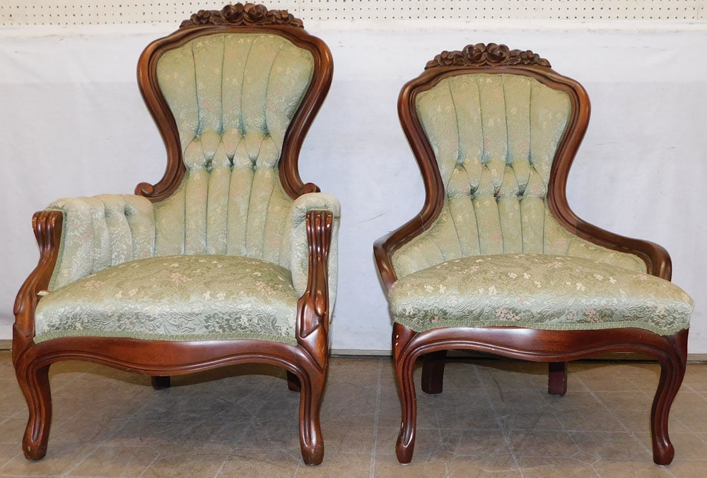 pair carved mahogany chairs: pair carved mahogany chairs. 40 1/4" H ALL DESCRIPTIONS AND ANY CONDITION STATEMENT GIVEN BY LANGSTON AUCTION GALLERY ARE STRICTLY OPINIONS AND LANGSTON'S SHALL HAVE NO RESPONSIBILITY FOR ERRORS OR OM