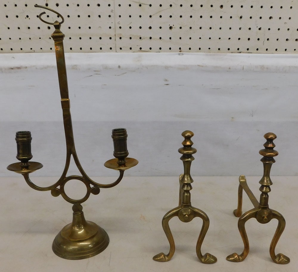 pair brass fire tool holders and a candelabra (1 of 3)