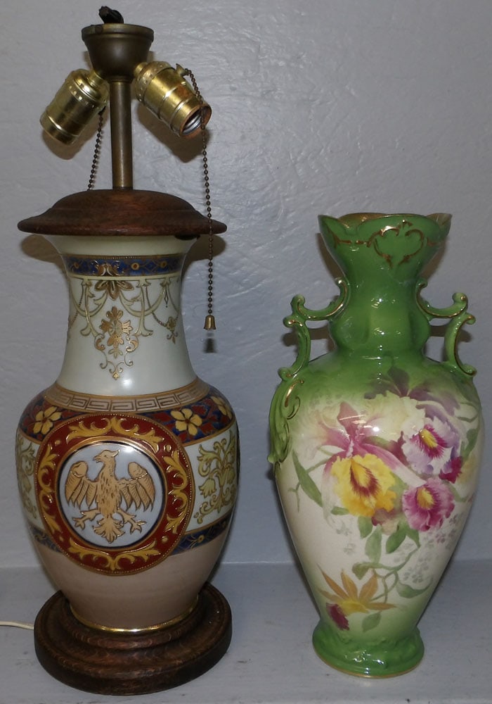 painted porcelain lamp and vase signed by Bonn: painted porcelain lamp and vase signed by Bonn . Up to 20 1/2" H ALL DESCRIPTIONS AND ANY CONDITION STATEMENT GIVEN BY LANGSTON AUCTION GALLERY ARE STRICTLY OPINIONS AND LANGSTON'S SHALL HAVE NO RESPO