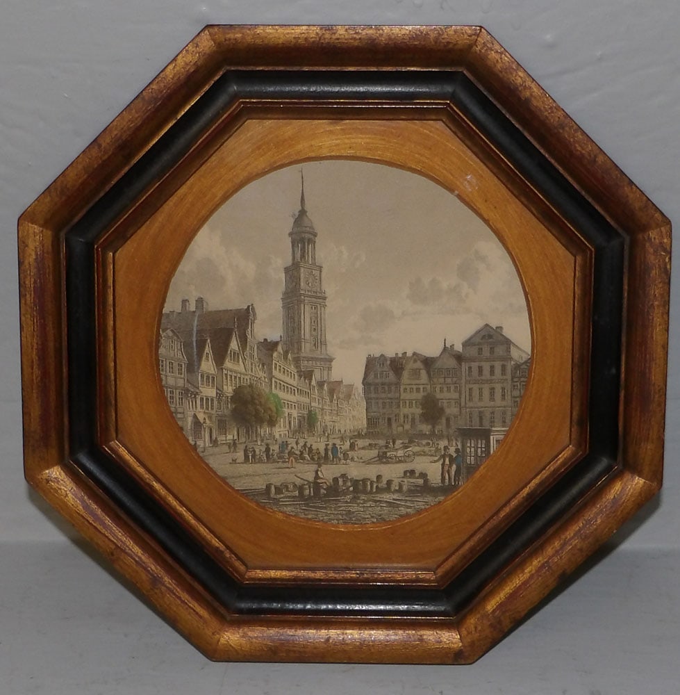 painted octagonal framed English engraving (1 of 4)