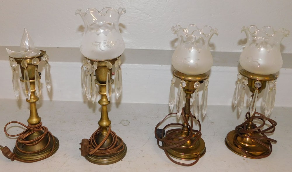 4 brass lamps with prisms and frosted glass shades (1 of 4)