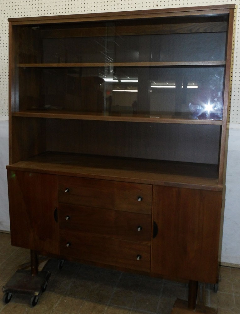 mid century modern walnut cabinet with sliding glass doors by Stanley (1 of 5)