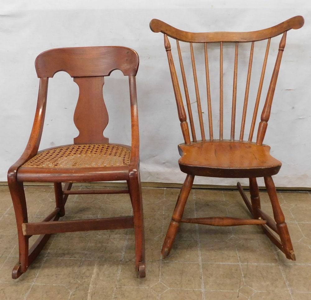 2 antique rocking chairs: 2 antique rocking chairs. 35" H ALL DESCRIPTIONS AND ANY CONDITION STATEMENT GIVEN BY LANGSTON AUCTION GALLERY ARE STRICTLY OPINIONS AND LANGSTON'S SHALL HAVE NO RESPONSIBILITY FOR ERRORS OR OMISSIONS
