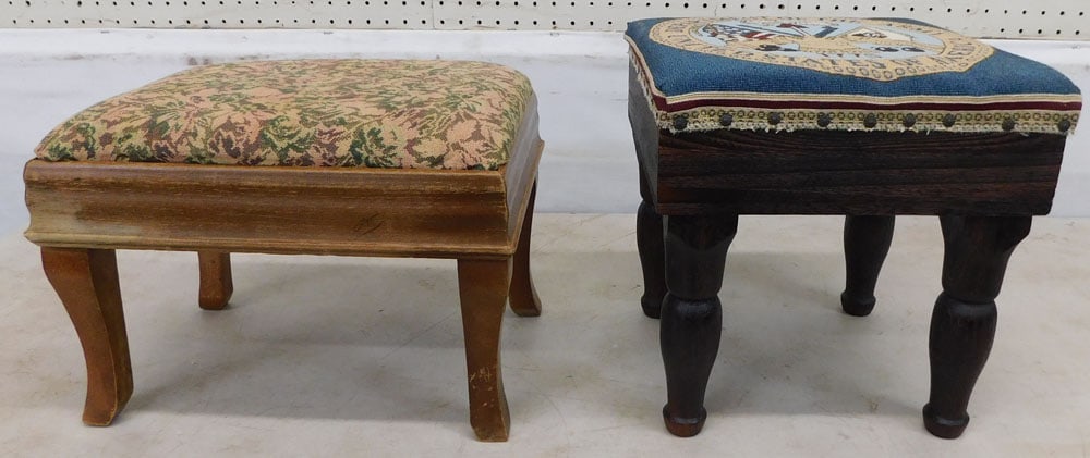 2 upholstery top stools: 2 upholstery top stools. Up to 11 3/4" Dia. 12 1/2" H ALL DESCRIPTIONS AND ANY CONDITION STATEMENT GIVEN BY LANGSTON AUCTION GALLERY ARE STRICTLY OPINIONS AND LANGSTON'S SHALL HAVE NO RESPONSIBILITY F
