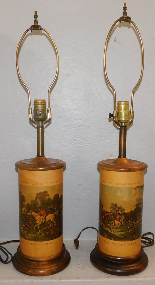 pair of decoupaged fox hunt scene decorative lamps: pair of decoupaged fox hunt scene decorative lamps. 27 1/2" H ALL DESCRIPTIONS AND ANY CONDITION STATEMENT GIVEN BY LANGSTON AUCTION GALLERY ARE STRICTLY OPINIONS AND LANGSTON'S SHALL HAVE NO RESPONSI