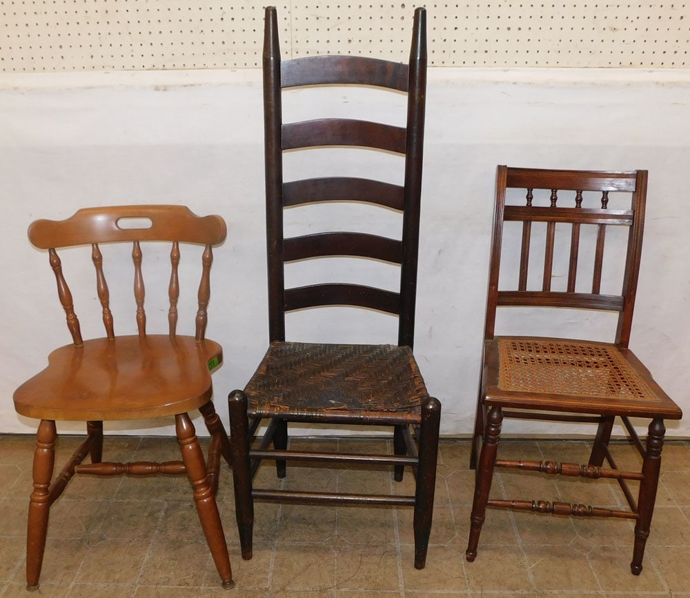 3 antique side chairs: 3 antique side chairs. Up to 48" H ALL DESCRIPTIONS AND ANY CONDITION STATEMENT GIVEN BY LANGSTON AUCTION GALLERY ARE STRICTLY OPINIONS AND LANGSTON'S SHALL HAVE NO RESPONSIBILITY FOR ERRORS OR OMISSI
