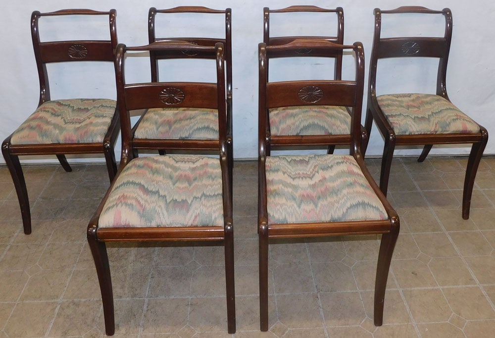set of 6 mahogany dining chairs: set of 6 mahogany dining chairs. 33" H ALL DESCRIPTIONS AND ANY CONDITION STATEMENT GIVEN BY LANGSTON AUCTION GALLERY ARE STRICTLY OPINIONS AND LANGSTON'S SHALL HAVE NO RESPONSIBILITY FOR ERRORS OR OM