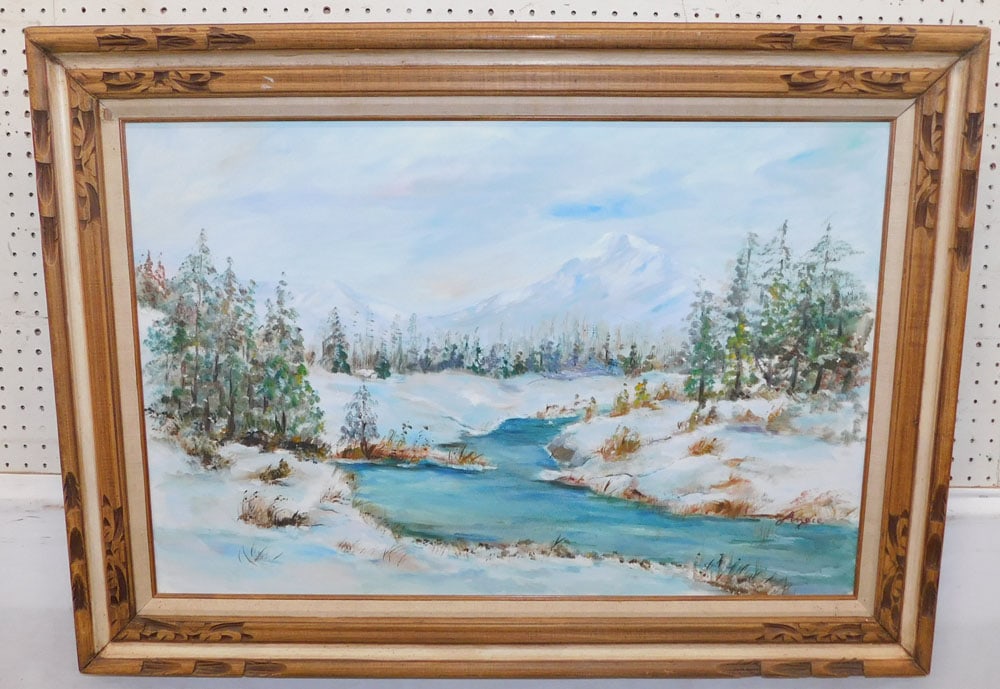 frame oil on canvas snow scene signed by artist (1 of 5)