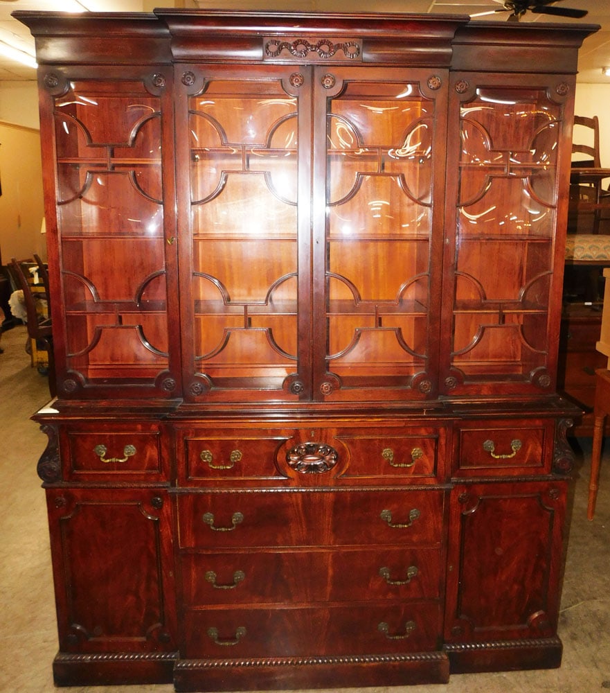 mahogany two piece bubble glass break front with tooled leather desk compartment (1 of 8)