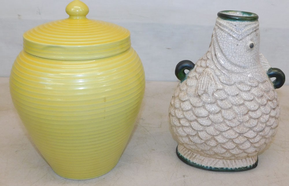 covered urn and fish form crackleware vase: covered urn and fish form crackleware vase. 11" H ALL DESCRIPTIONS AND ANY CONDITION STATEMENT GIVEN BY LANGSTON AUCTION GALLERY ARE STRICTLY OPINIONS AND LANGSTON'S SHALL HAVE NO RESPONSIBILITY FOR E