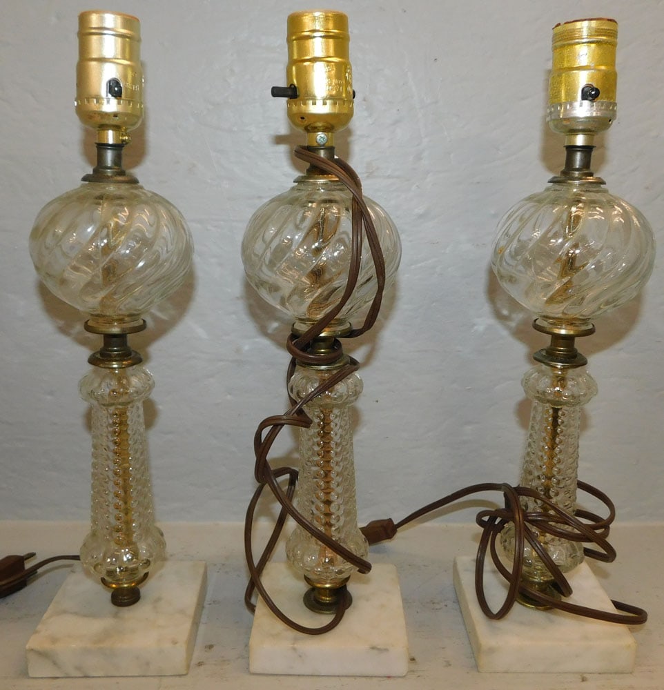 3 glass and marble base lamps: 3 glass and marble base lamps . 14" H ALL DESCRIPTIONS AND ANY CONDITION STATEMENT GIVEN BY LANGSTON AUCTION GALLERY ARE STRICTLY OPINIONS AND LANGSTON'S SHALL HAVE NO RESPONSIBILITY FOR ERRORS OR OMI