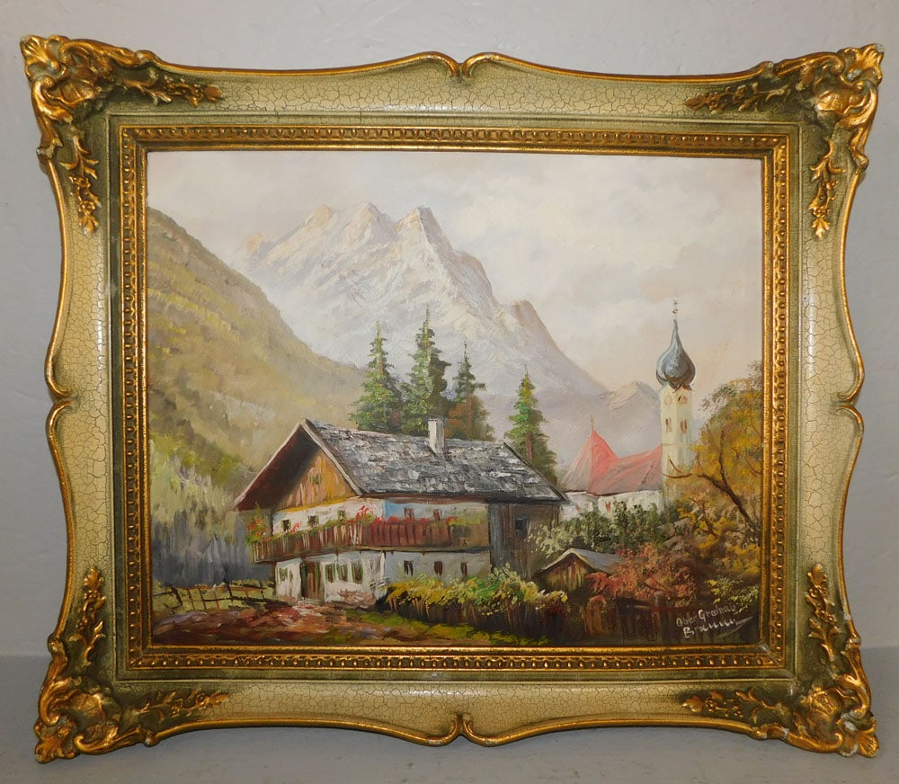 frame oil on canvas alpine scene signed by the artist (1 of 4)