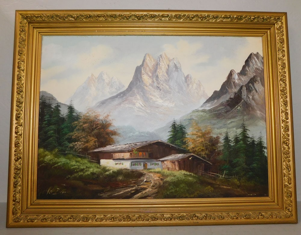 frame oil on canvas alpine scene signed by the artist (1 of 4)