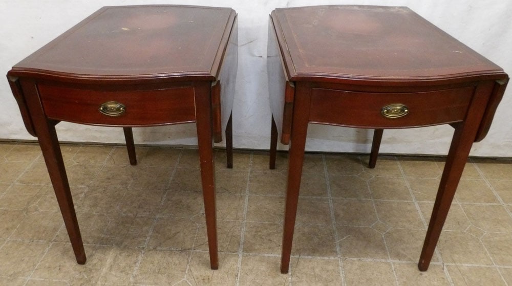 pair of mahogany and tooled leather top drop leaf end tables with one drawer (1 of 4)
