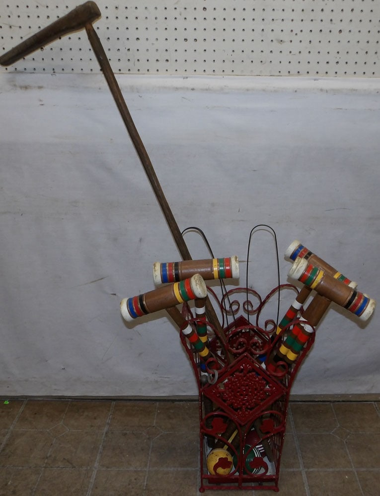 vintage croquet set, painted wrought iron stand, & country items (1 of 7)